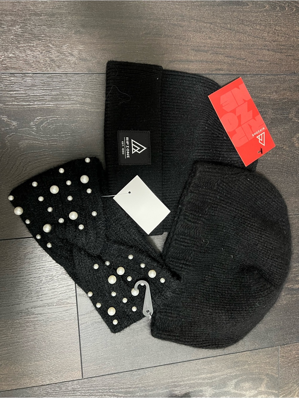 LOFT Kids Black Knit Beanie, Pearl-Studded Headband & Ribbed Ear Warmer Set